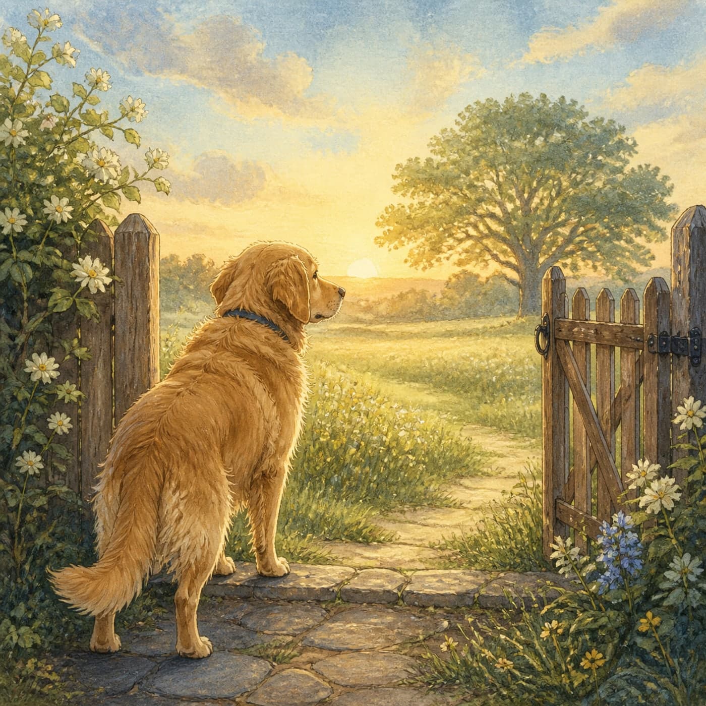 A gentle dog pausing at a little garden gate before a bright meadow, painted in soft blue and gold watercolor.