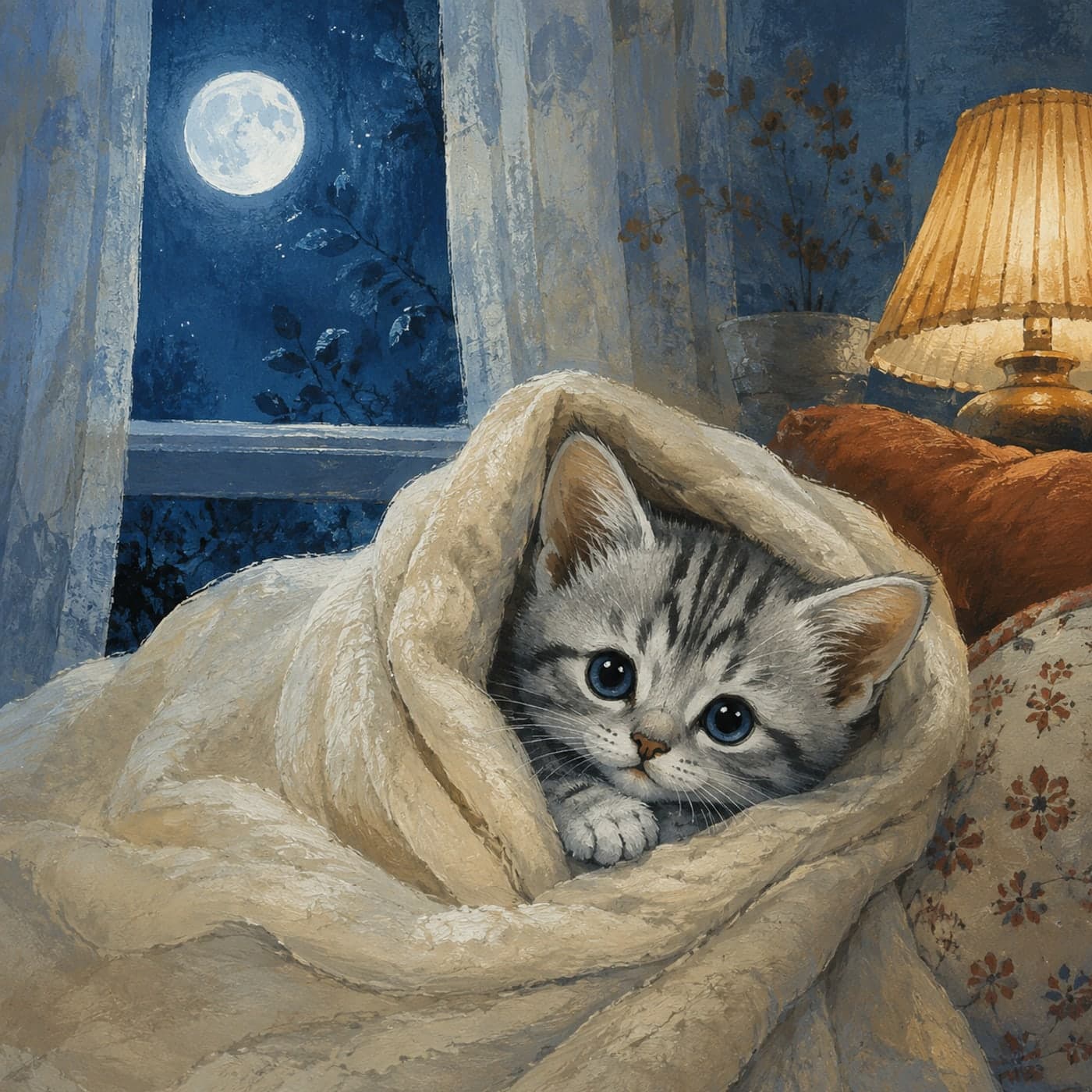 A tiny tabby kitten peeking from a soft blanket nest beside a moonlit window, in gentle watercolor and colored pencil.
