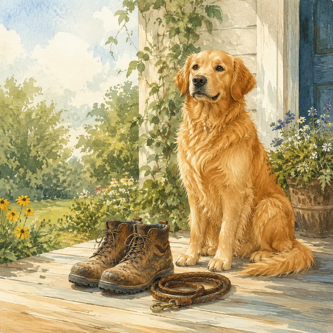 A golden retriever waiting proudly beside a pair of well-worn walking boots on a sunny porch, in refined storybook watercolor without a person visible.