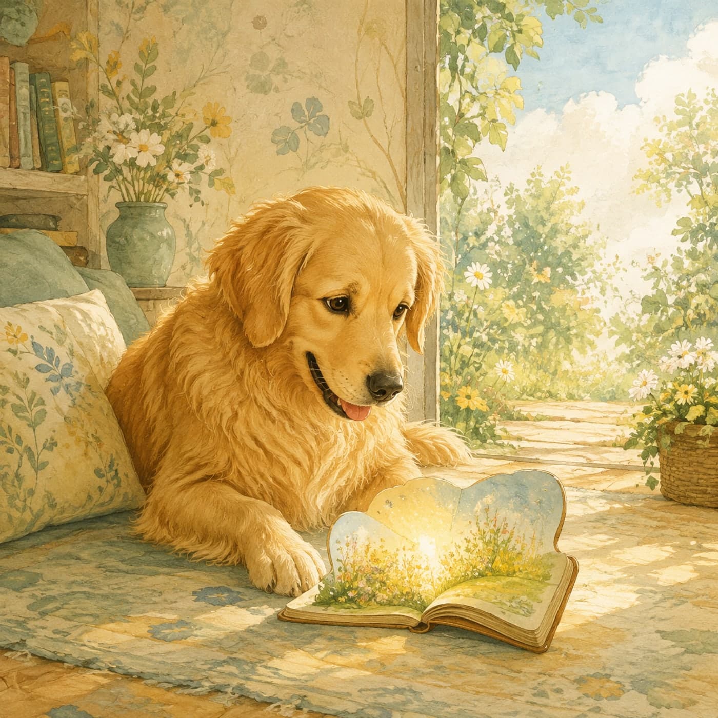 A golden retriever discovering a tiny wrapped parcel in a sunlit cottage garden, painted in warm watercolor and gouache.